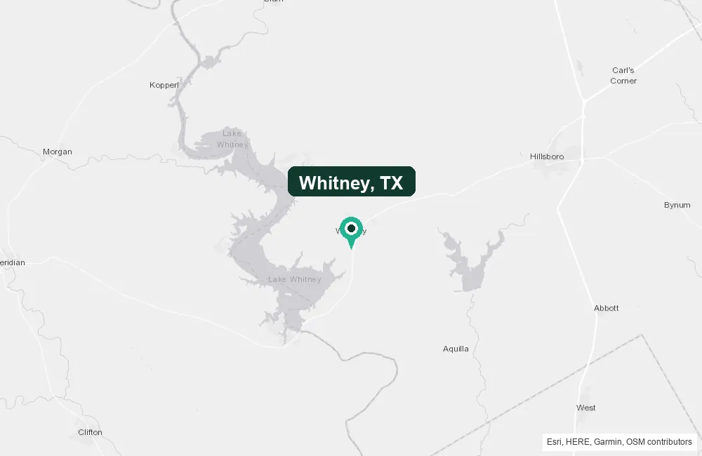 Map of Whitney, Texas and the surrounding Hill County area service area